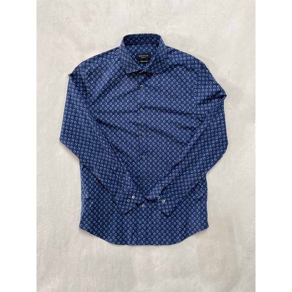 Bugatchi Mens Shaped Fit Comfort Stretch Button Down Shirt Navy Blue CS3312L7S